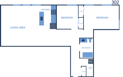 Floor plan for 2 beds, 1 bath, 1105 sqft
